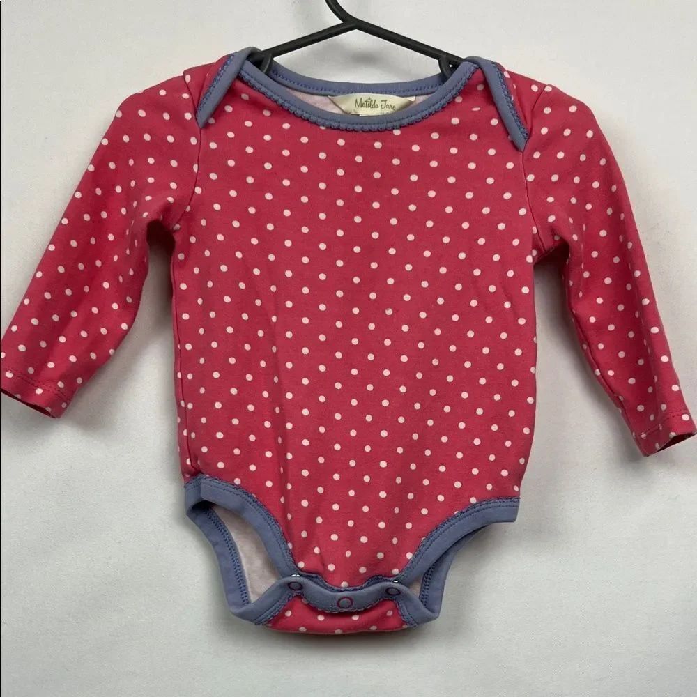 Matilda Jane pink with withe polka dots and blue trim long sleeve bodysuit 6-12m